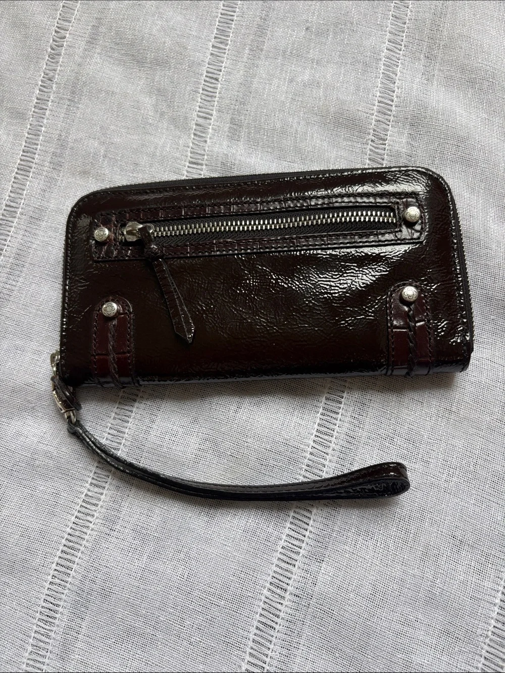 Brighton Dark Brown Patent Leather  Zip-Around Wristlet Wallet